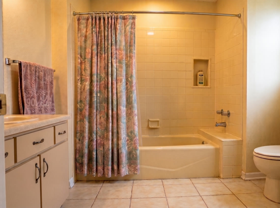 A dated bathtub with a plastic shower curtain before the remodel