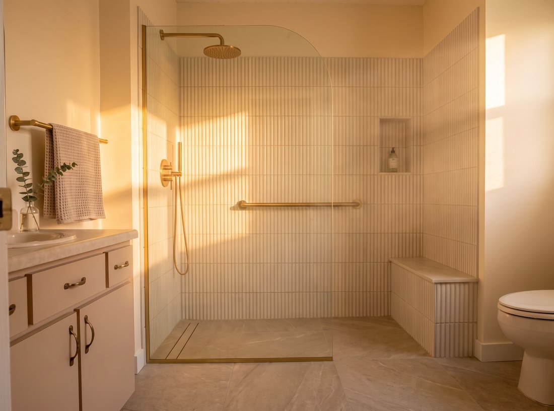 The same bathroom rebuilt with a low step-in walk-in shower and a grab bar